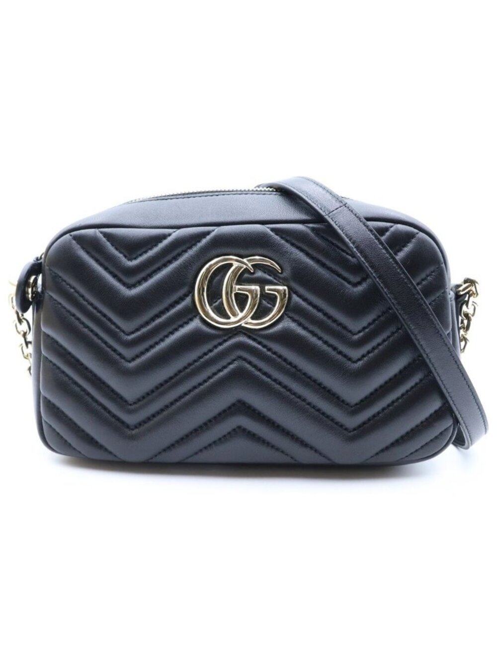 Gucci GG Marmont Quilted Nappa Leather Small Camera Bag Chain Cross Gold Black
